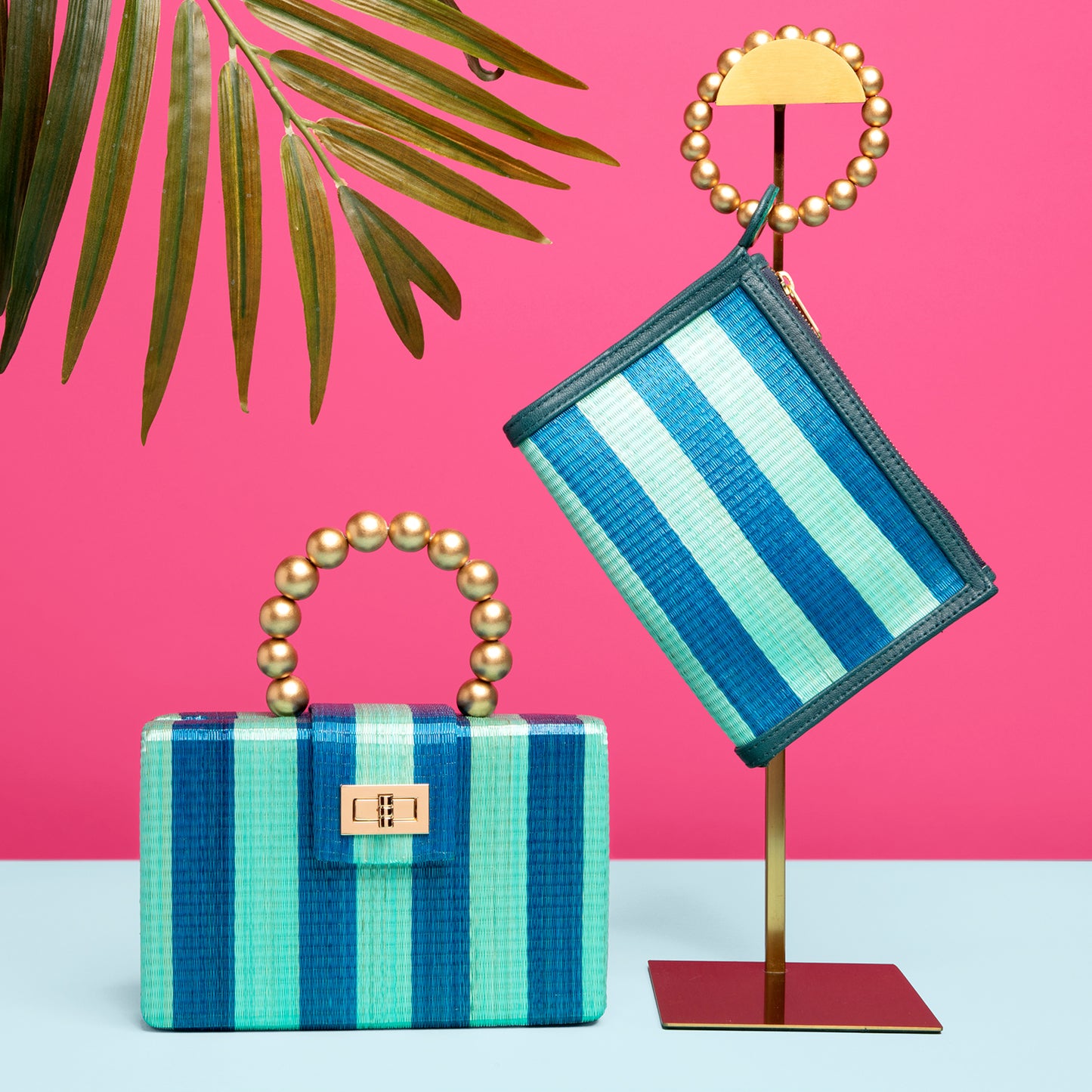 THE HAILEY Blue & Turquoise Stripe Wristlet Pouch Luxe Woven Wristlet Pouch