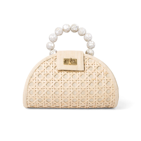 THE BELLA Cream & Shell Inlay Bead Rattan Woven Handbag