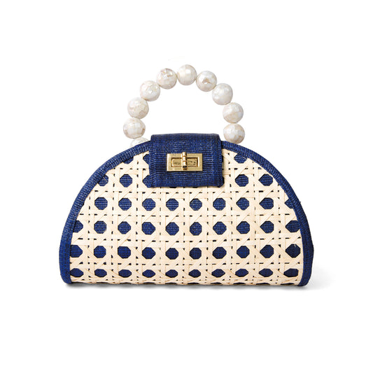 THE BELLA Blue & Shell Inlay Bead Rattan Woven Handbag