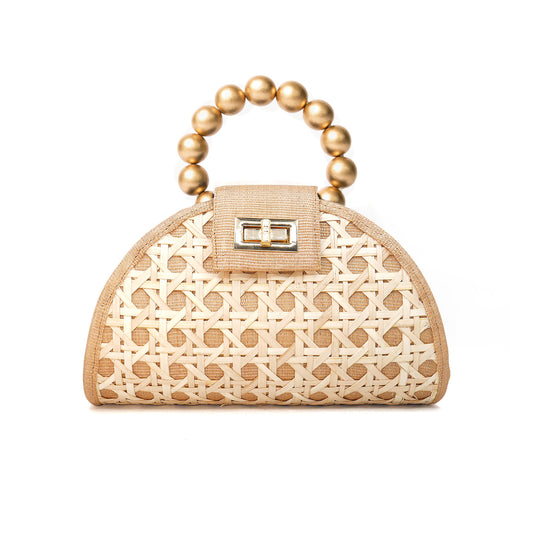 THE BELLA Tan & Gold Rattan Woven Handbag