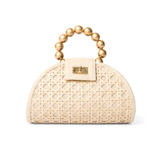 THE BELLA Cream & Gold Rattan Woven Handbag