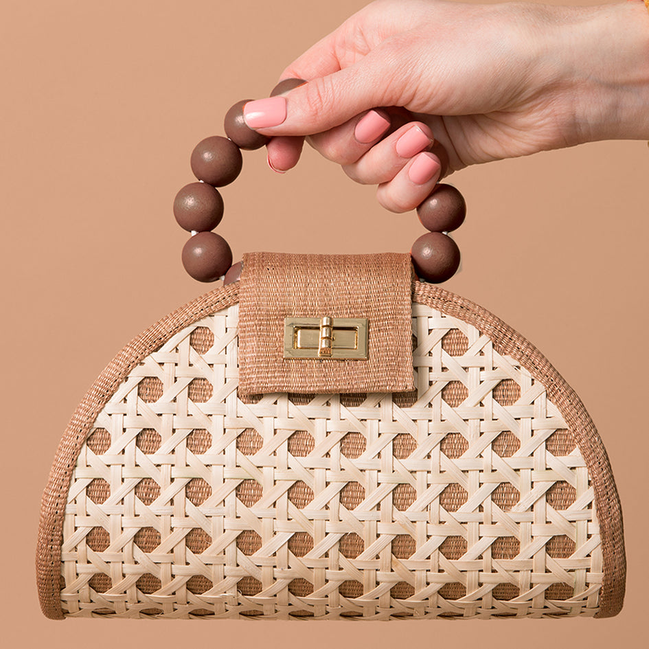THE BELLA Tan & Brown Rattan Woven Handbag