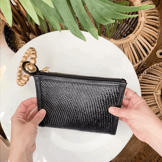 THE SADIE Black Luxe Woven Wristlet Pouch