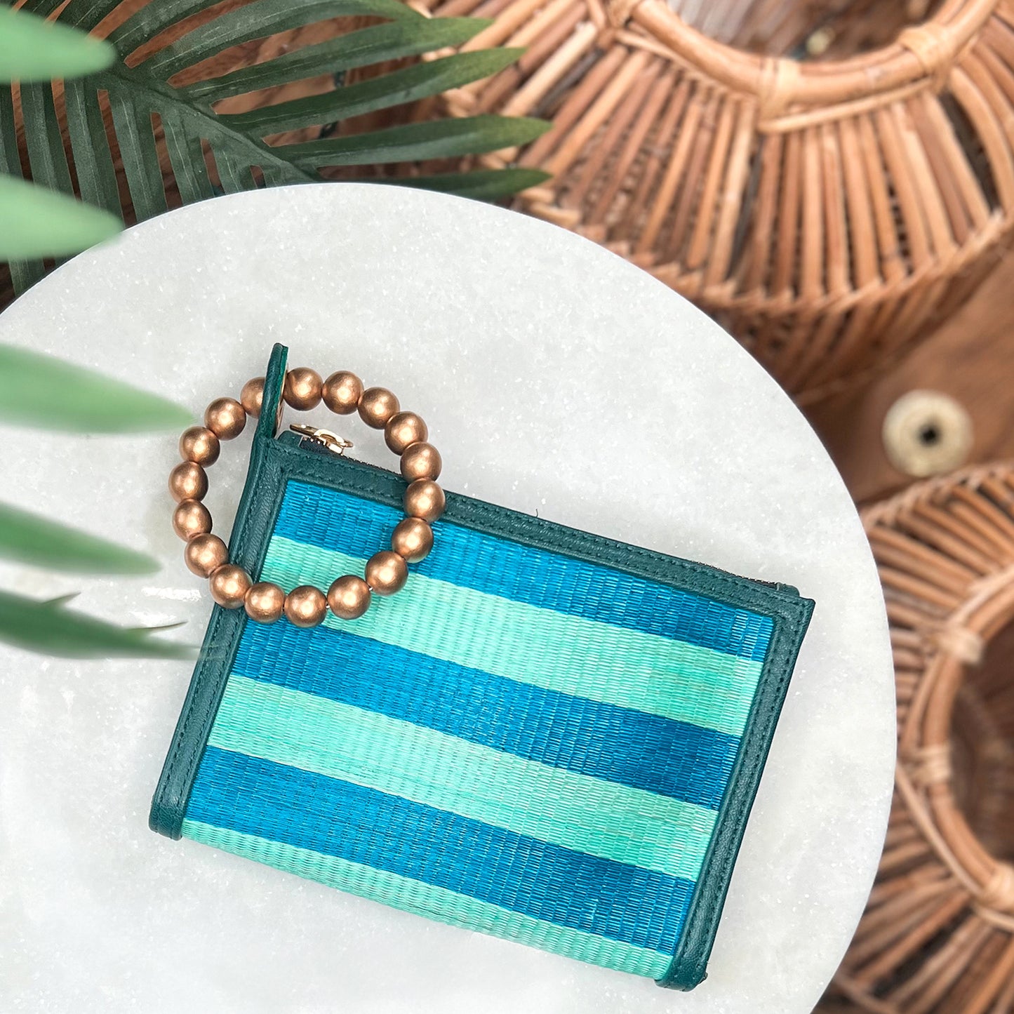 THE HAILEY Blue & Turquoise Stripe Wristlet Pouch Luxe Woven Wristlet Pouch