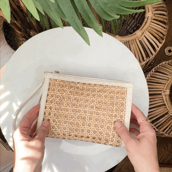 THE EMILY Cream Leather & Natural Rattan Woven Wristlet Pouch