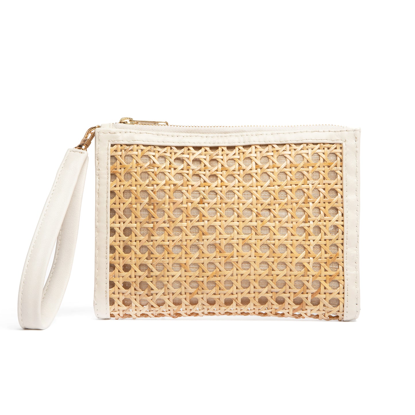 THE EMILY Cream Leather & Natural Rattan Woven Wristlet Pouch