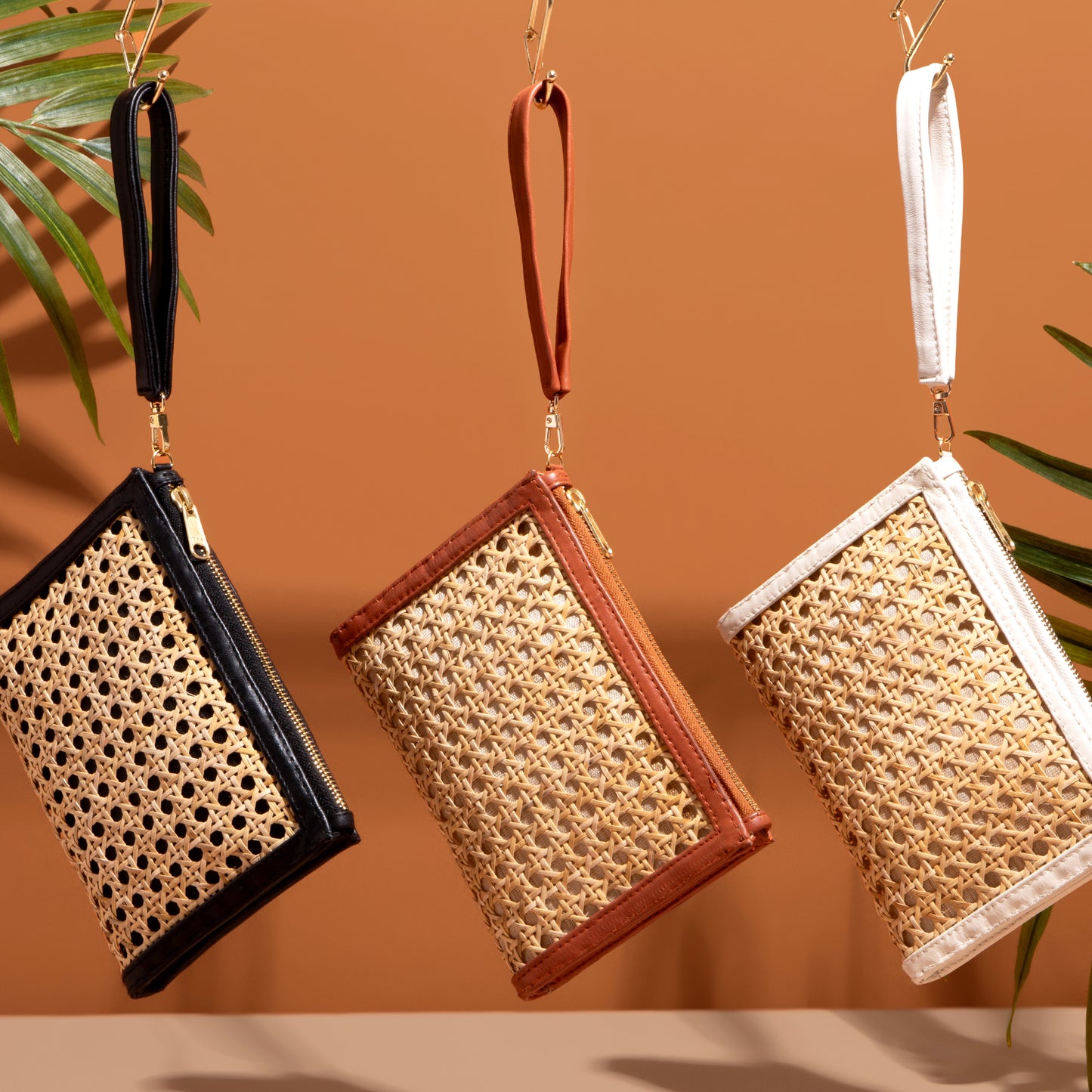 THE EMILY Tan Leather & Natural Rattan Woven Wristlet Pouch