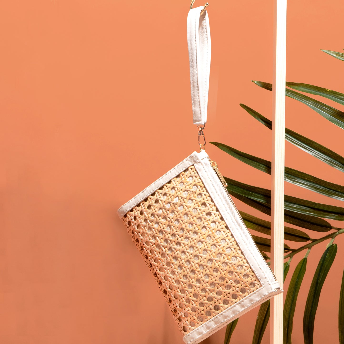 THE EMILY Cream Leather & Natural Rattan Woven Wristlet Pouch