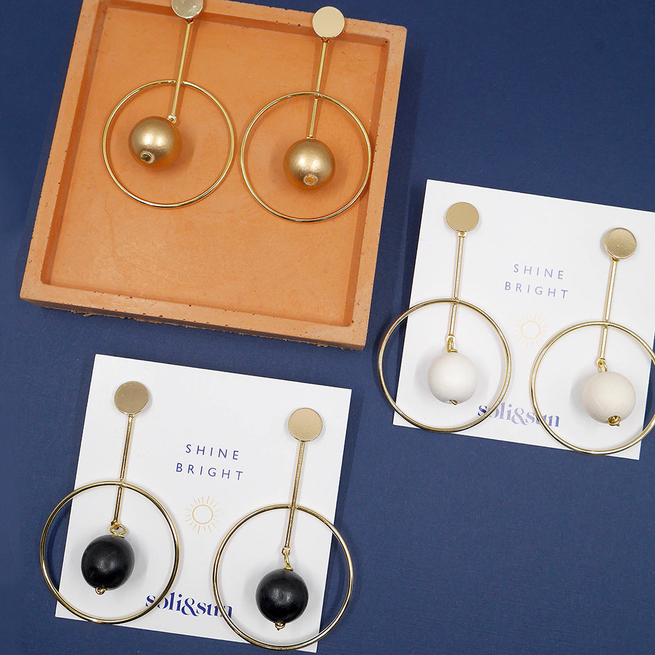 THE GEORGINA Black Wooden Bead & Gold Hoop Earrings