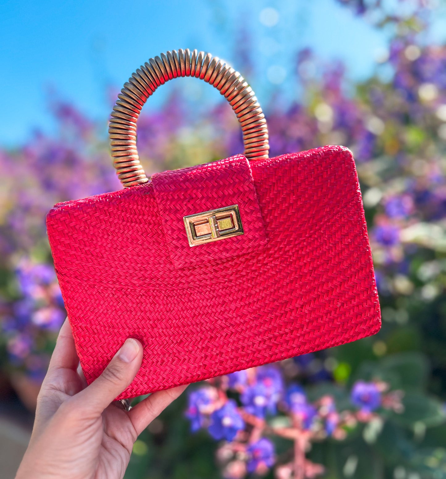 THE GRACIE Red & Gold Woven Buntal Straw Clutch Bag
