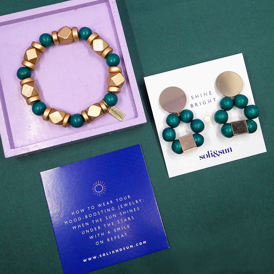 THE JENNA Teal Green Hand-Crafted Wooden Bead Statement Earrings