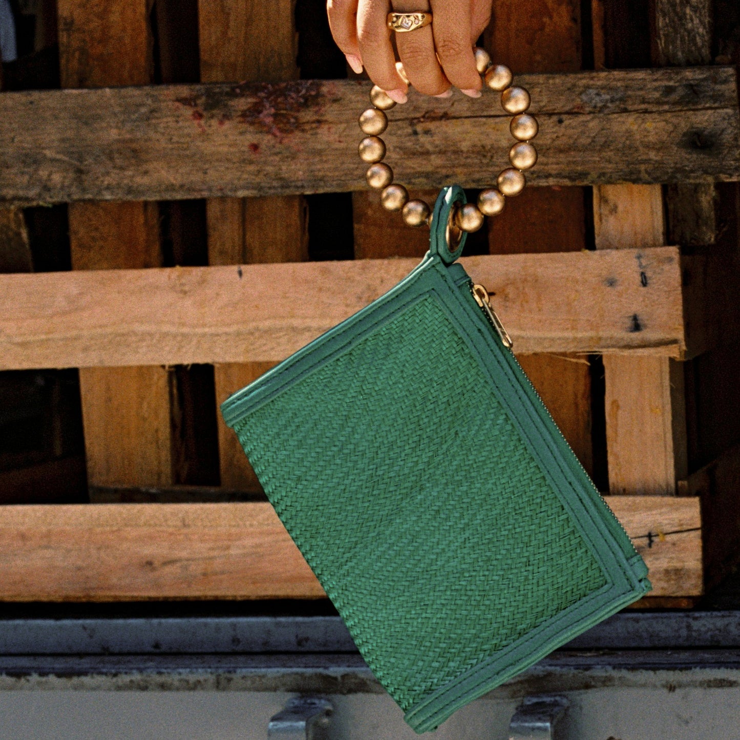 THE SADIE Green Luxe Woven Wristlet Pouch