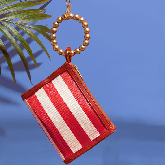 THE HAILEY Red & Cream Stripe Wristlet Pouch Luxe Woven Wristlet Pouch