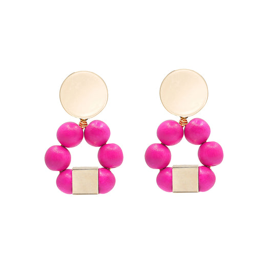 THE JENNA Pink Hand-Crafted Wooden Bead Statement Earrings