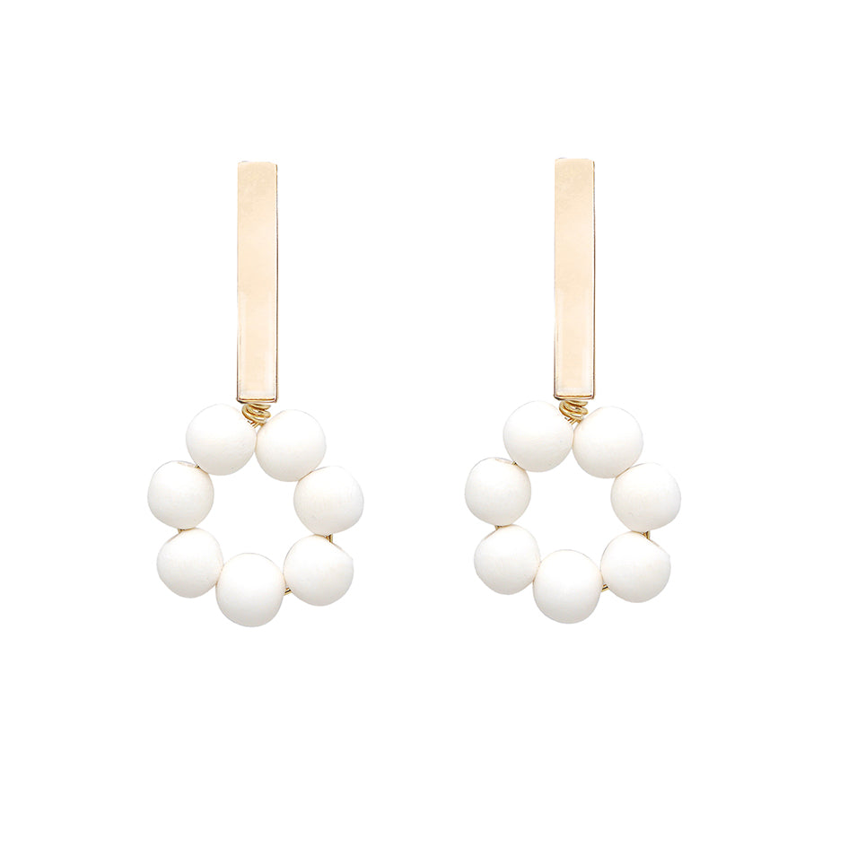 THE LILY Gold Bar & White Wooden Bead Earrings