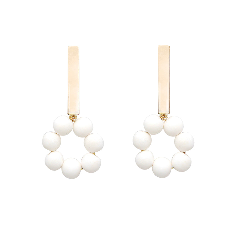 THE LILY Gold Bar & White Wooden Bead Earrings
