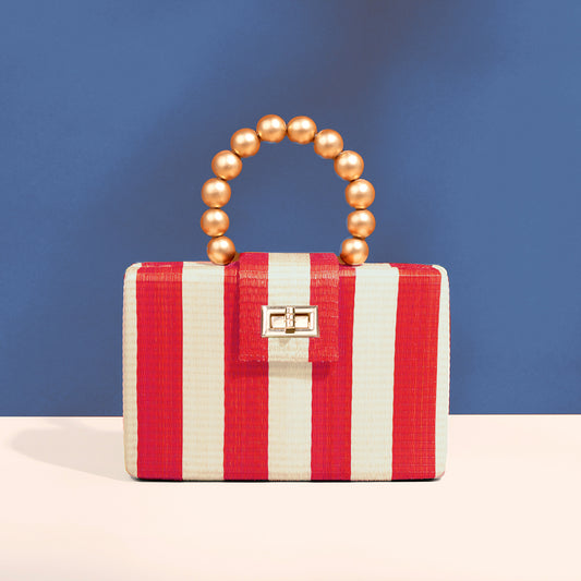 THE LOUISA Red & Cream Stripe Woven Straw Clutch Bag