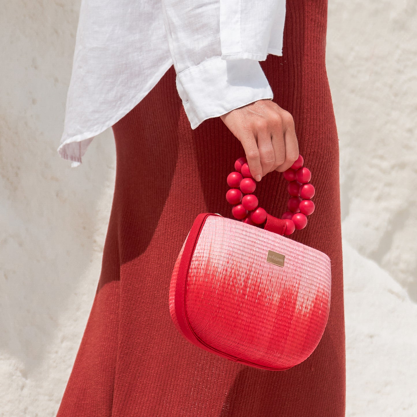 THE MARIA Red & Pink Woven Straw Bead Top Handle Handbag