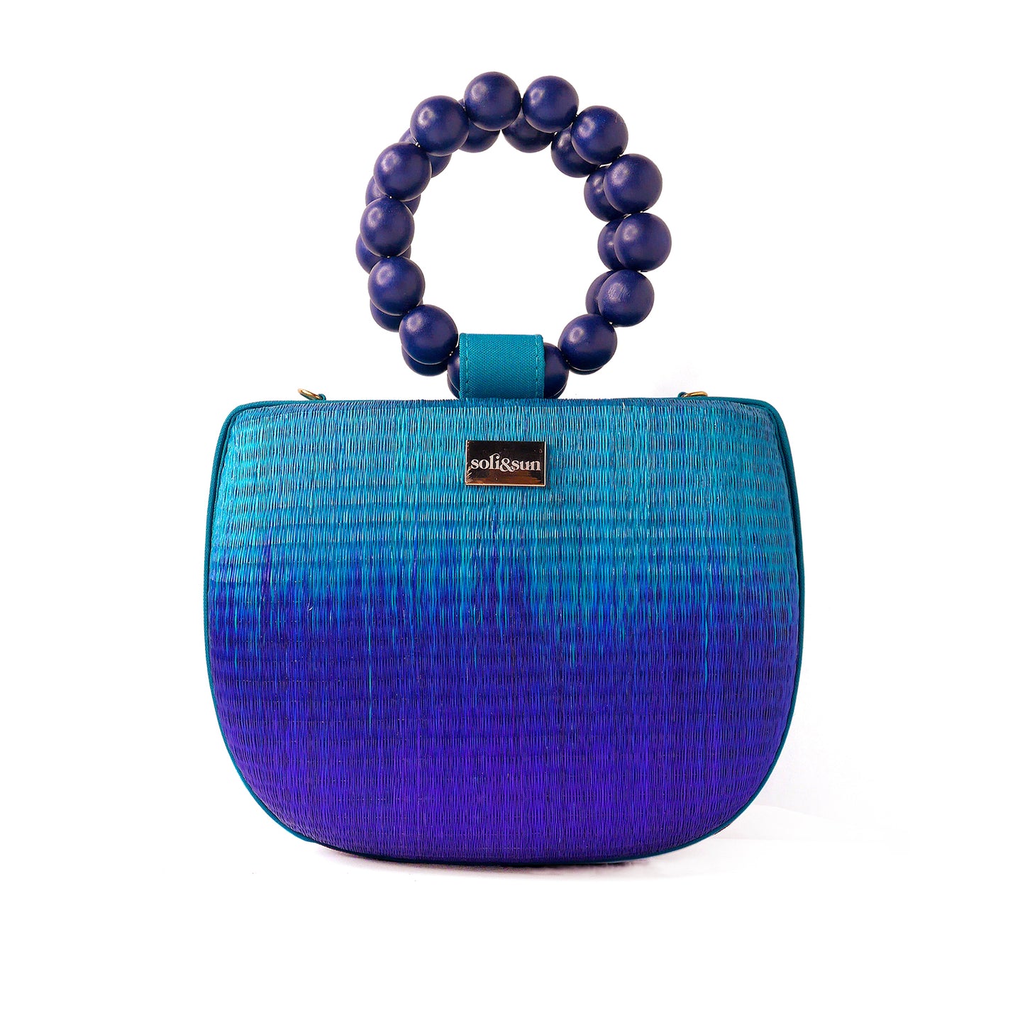 THE MARIA Blue Woven Straw Bead Top Handle Handbag