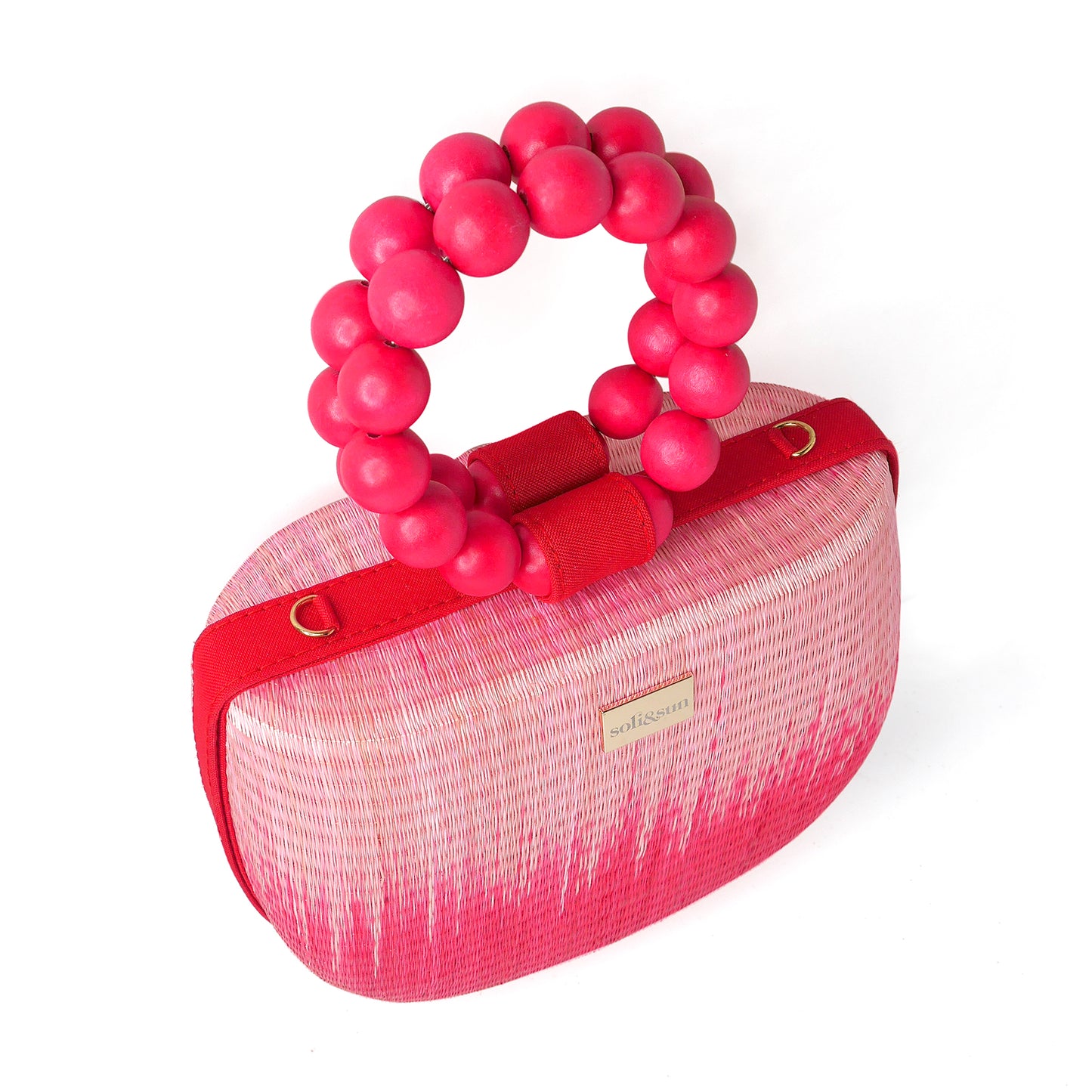 THE MARIA Red & Pink Woven Straw Bead Top Handle Handbag