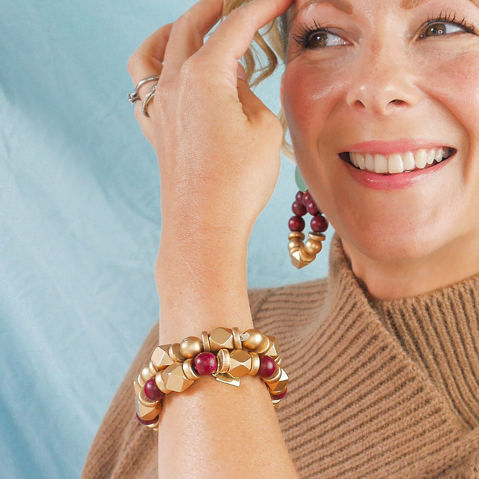 THE JENNY Maroon & Gold Wooden Bead Bracelet