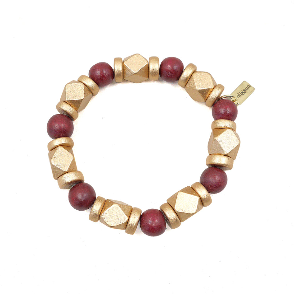 THE JENNY Maroon & Gold Wooden Bead Bracelet
