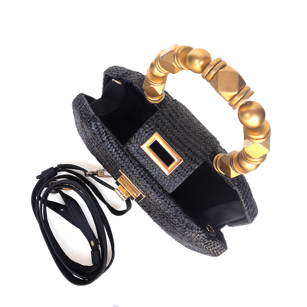 THE MELIA — Black Woven Straw Clutch with Beaded Top Handle