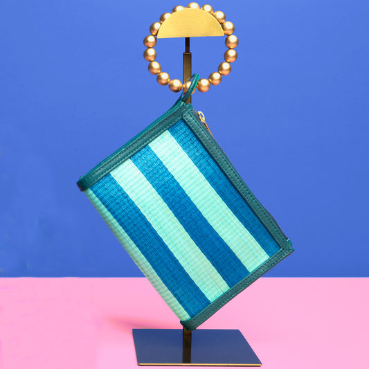 THE HAILEY Blue & Turquoise Stripe Wristlet Pouch Luxe Woven Wristlet Pouch