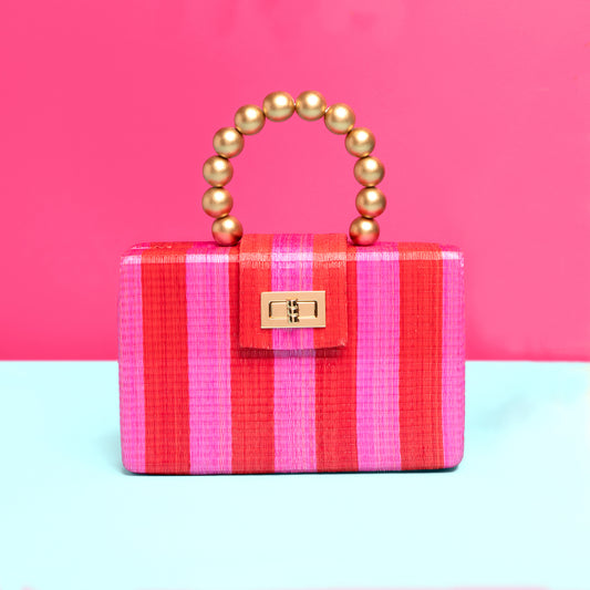 THE LOUISA Red & Pink Stripe Woven Straw Clutch Bag
