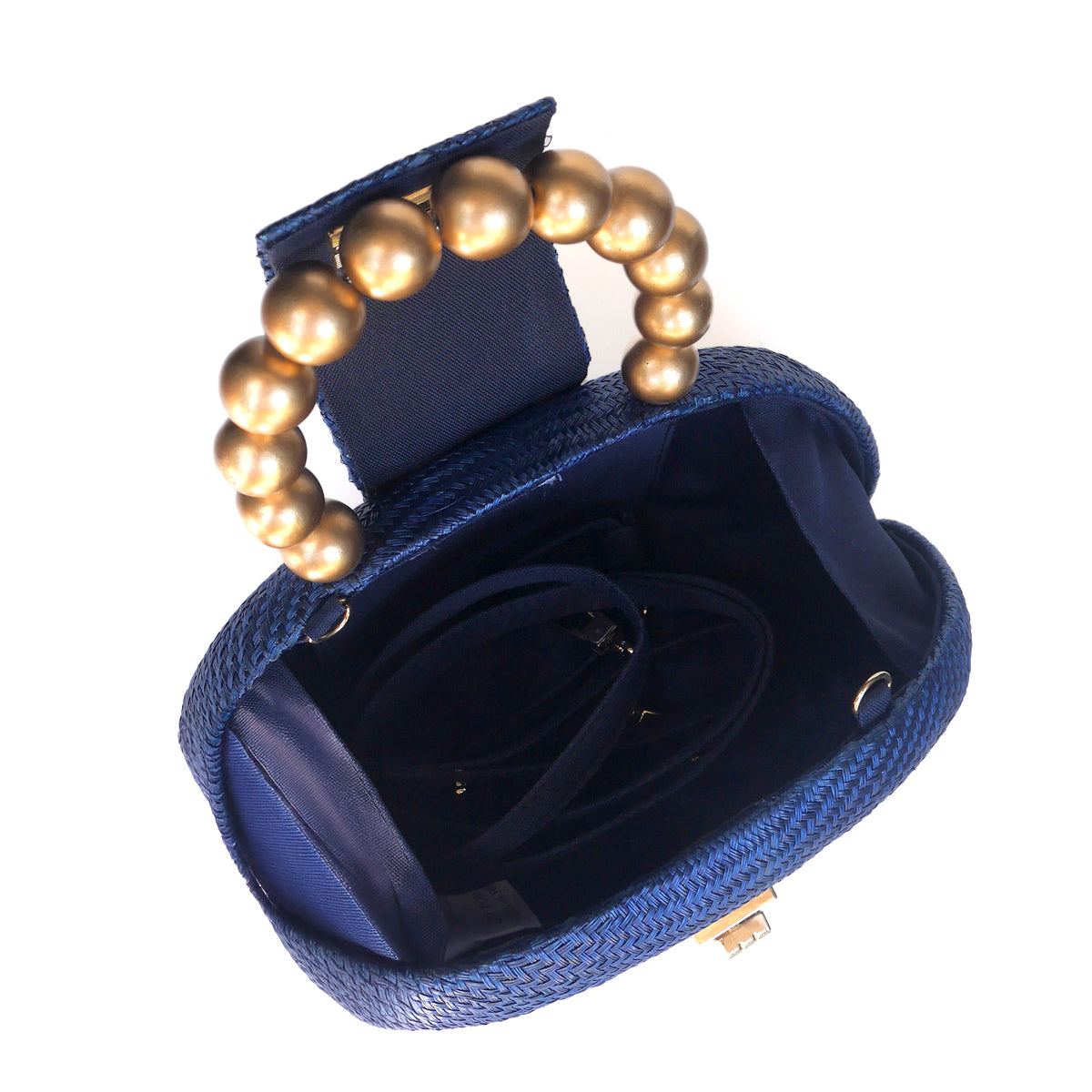 THE ORLA Navy Blue Woven Straw & Gold Bead Statement Clutch Bag