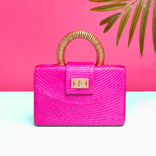 THE GRACIE Pink & Gold Woven Buntal Straw Clutch Bag