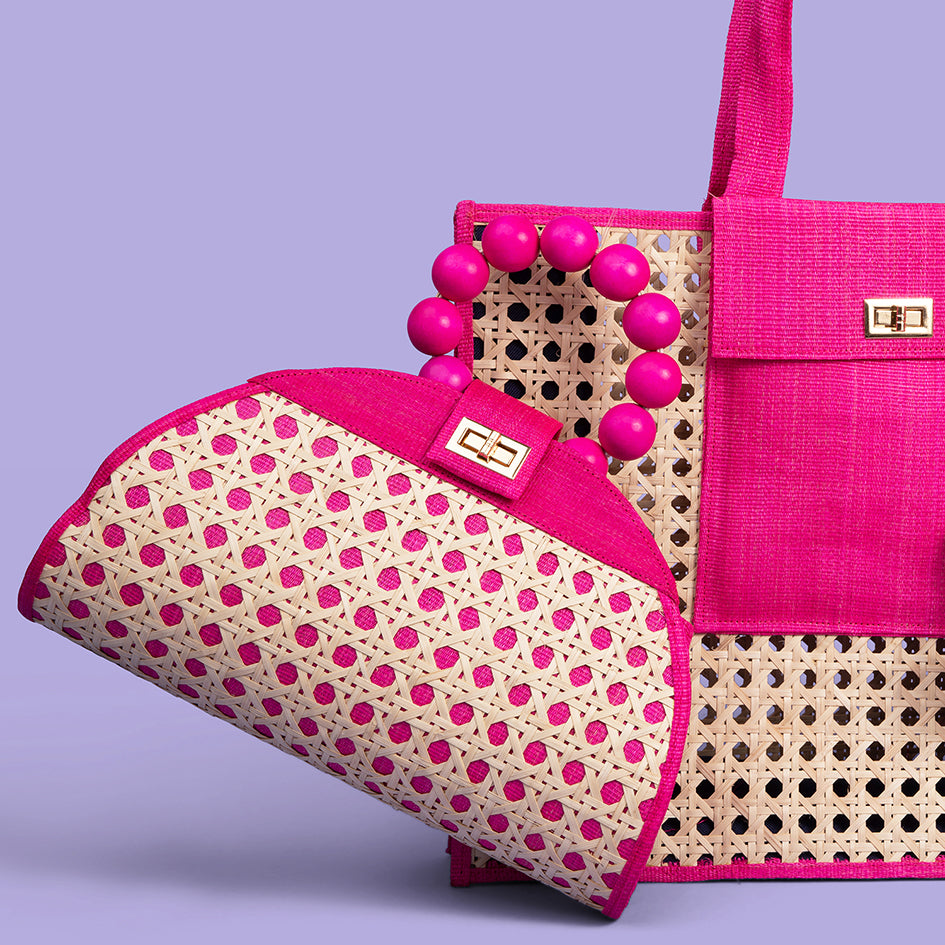THE ISABELLA Pink Rattan Woven Handbag