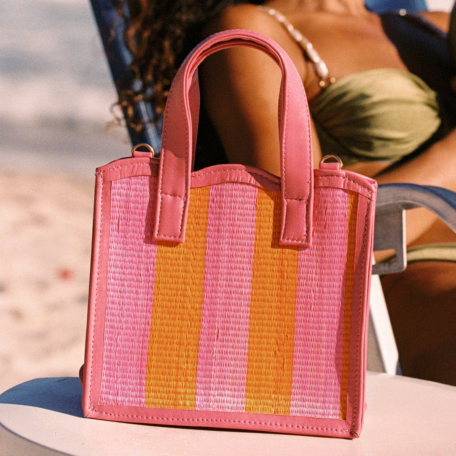 Straw Small Totes THE Nina Pink Orange Woven Straw Leather Small