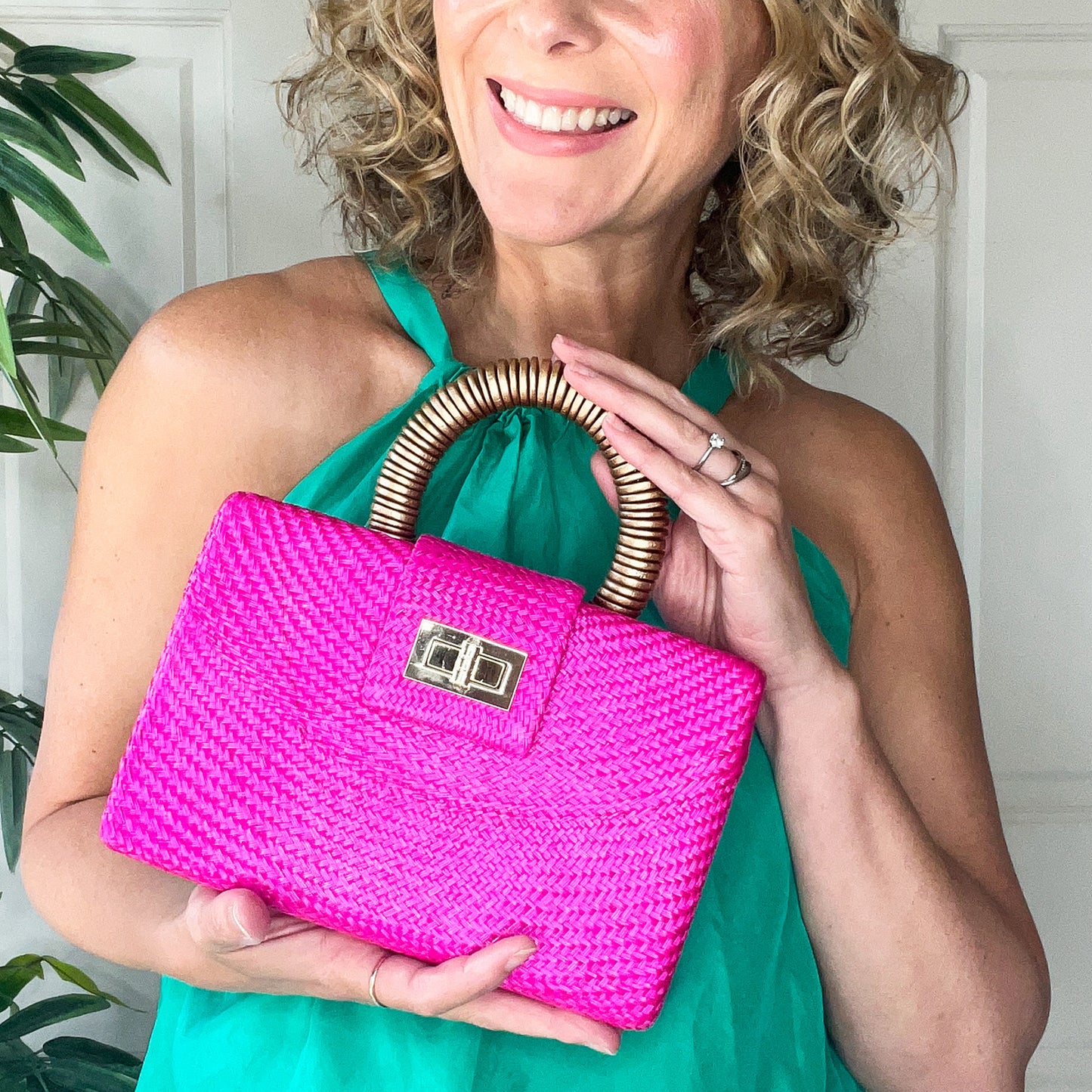 THE GRACIE Pink & Gold Woven Buntal Straw Clutch Bag