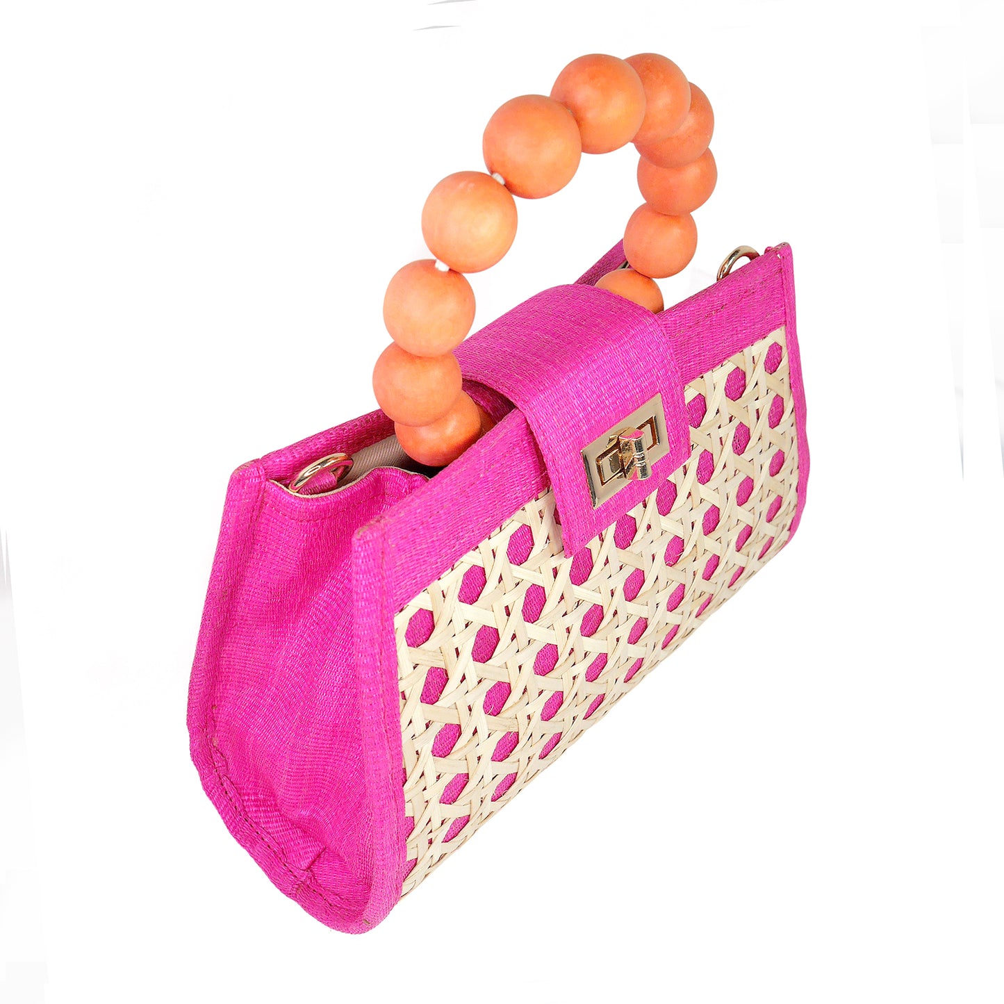 THE LAUREN Pink & Orange Rattan Woven Tote Handbag