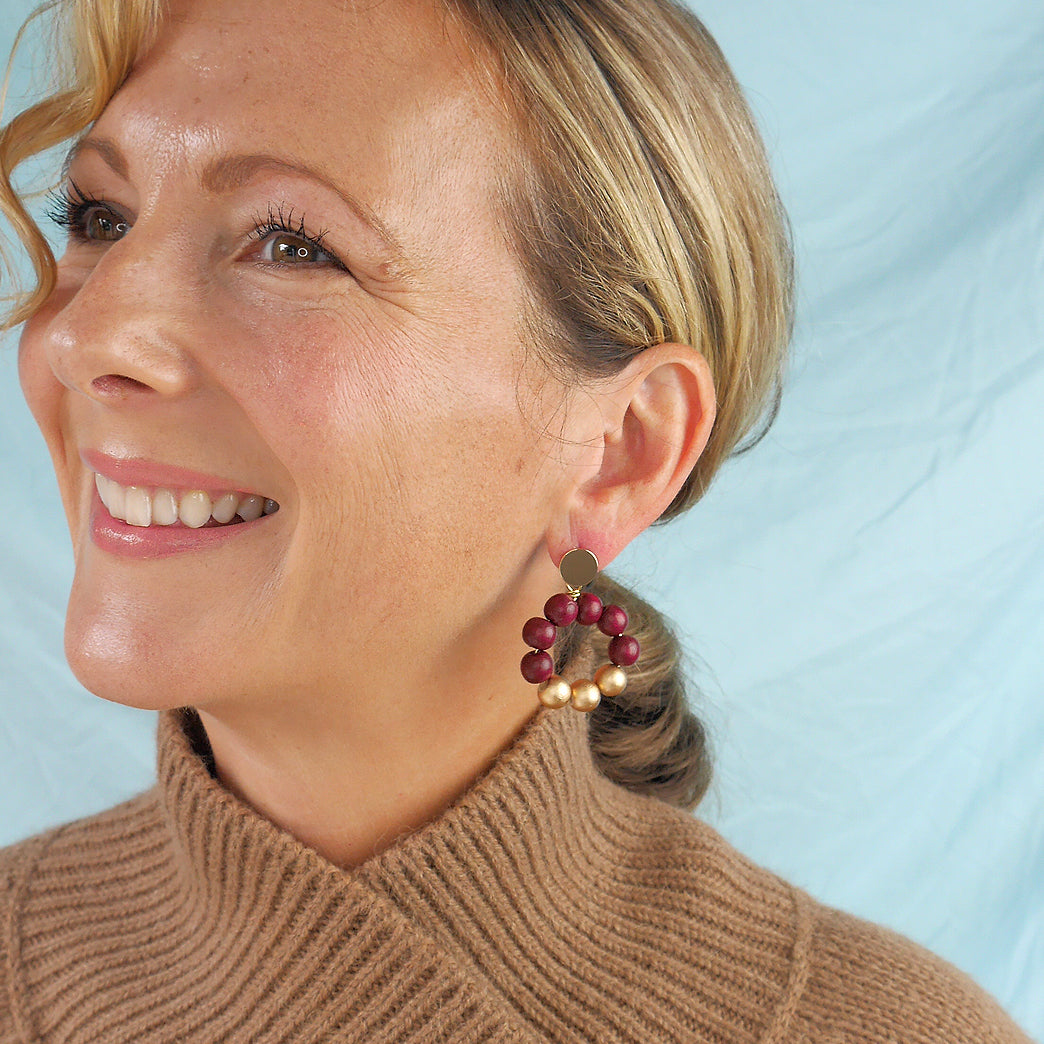 THE POPPY Maroon & Gold Wooden Bead Earrings