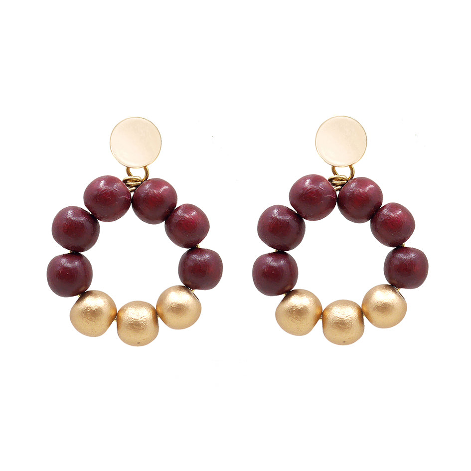 THE POPPY Maroon & Gold Wooden Bead Earrings