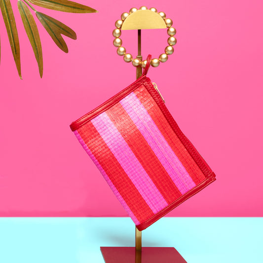 THE HAILEY Red & Pink Stripe Wristlet Pouch Luxe Woven Wristlet Pouch