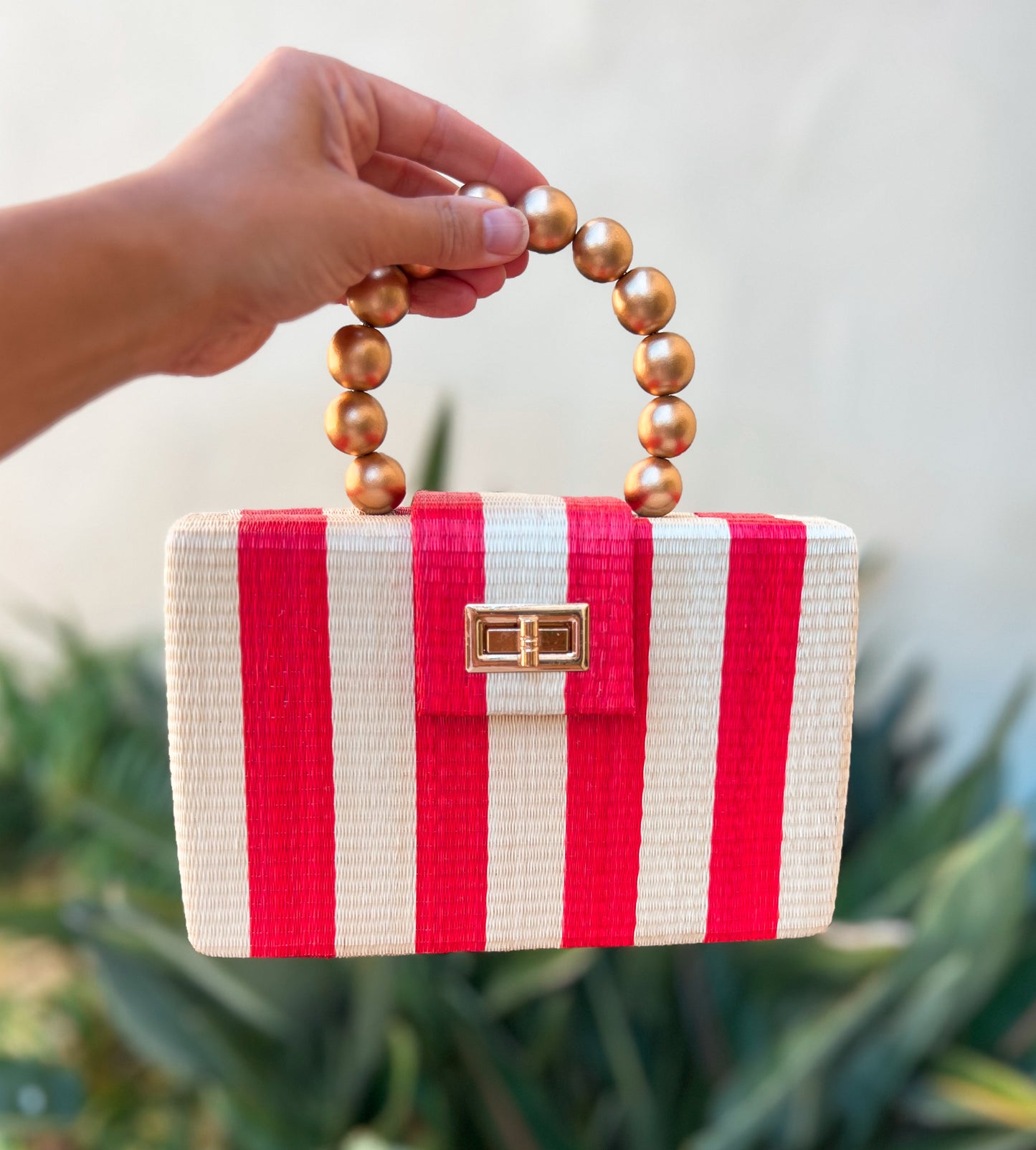 THE LOUISA Red & Cream Stripe Woven Straw Clutch Bag