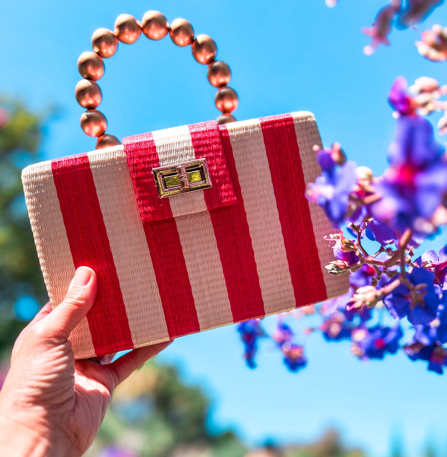 THE LOUISA Red & Cream Stripe Woven Straw Clutch Bag