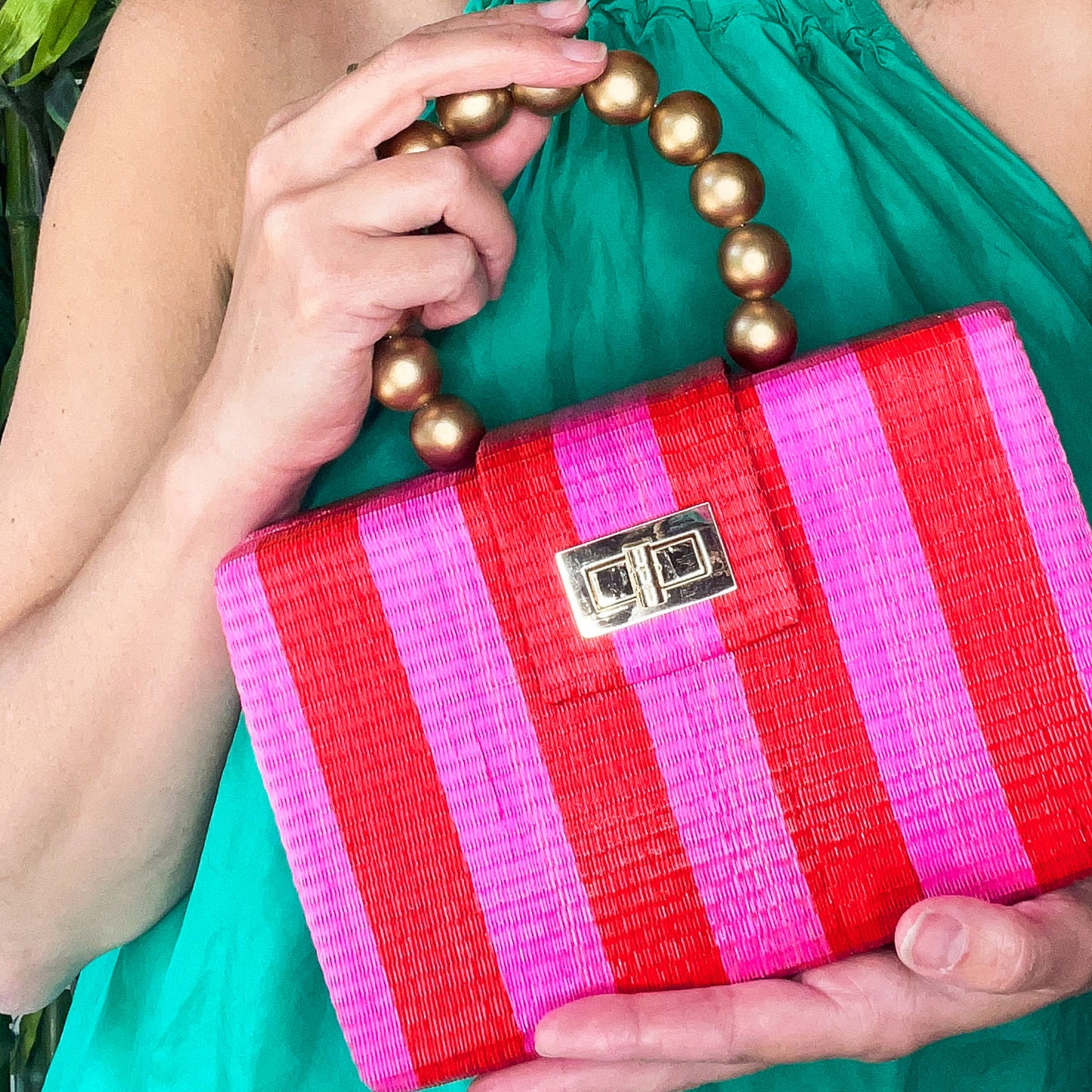THE LOUISA Red & Pink Stripe Woven Straw Clutch Bag