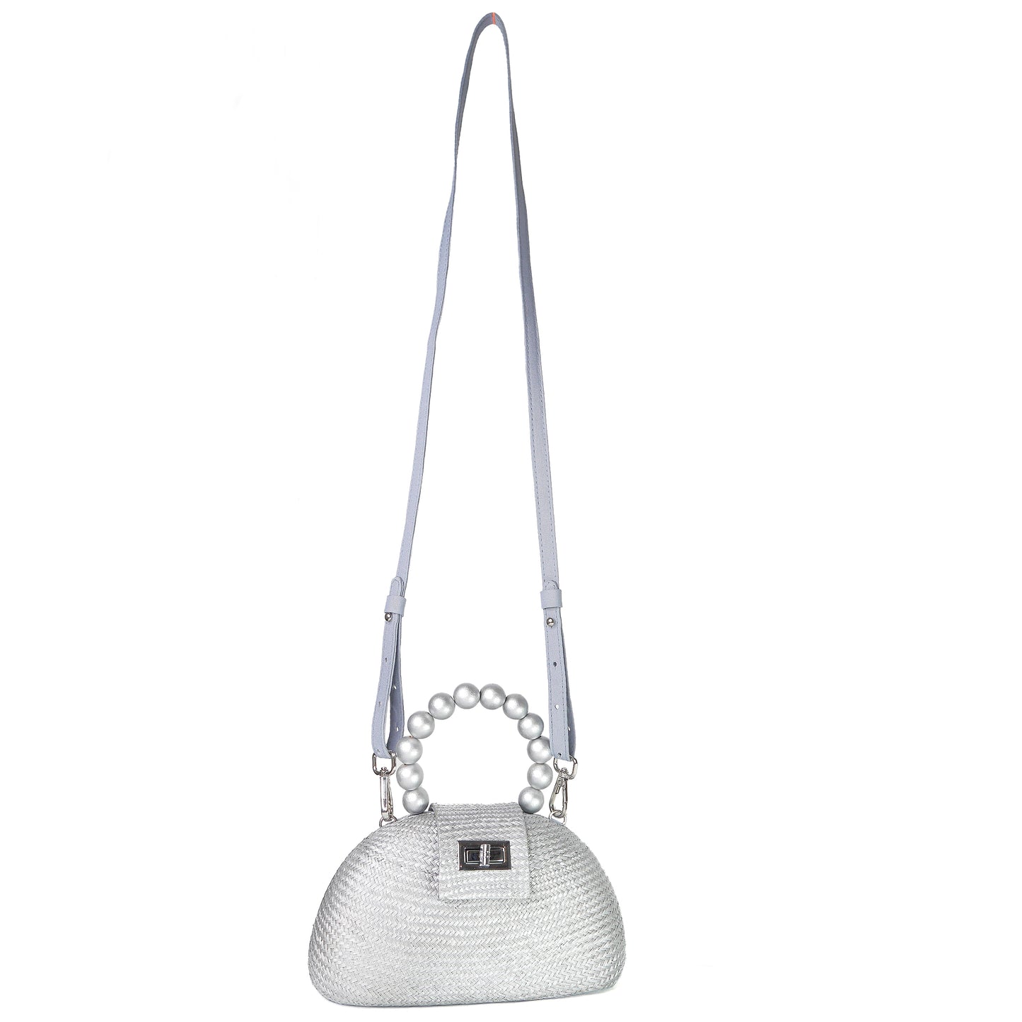 THE ORLA Silver Woven Straw & Wooden Bead Statement Clutch Bag