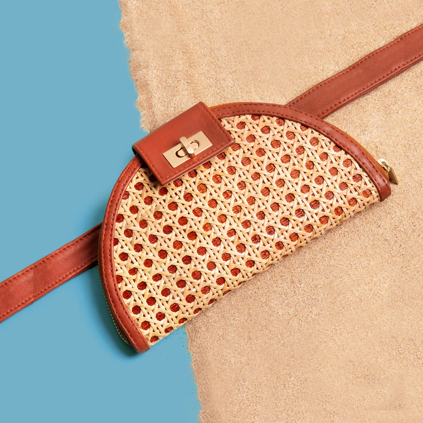 THE HANNAH Tan Leather & Rattan Weave Crossbody & Belt Bag