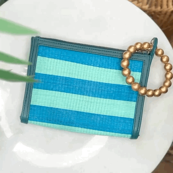 THE HAILEY Blue & Turquoise Stripe Wristlet Pouch Luxe Woven Wristlet Pouch