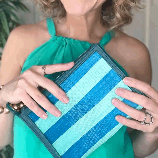 THE HAILEY Blue & Turquoise Stripe Wristlet Pouch Luxe Woven Wristlet Pouch