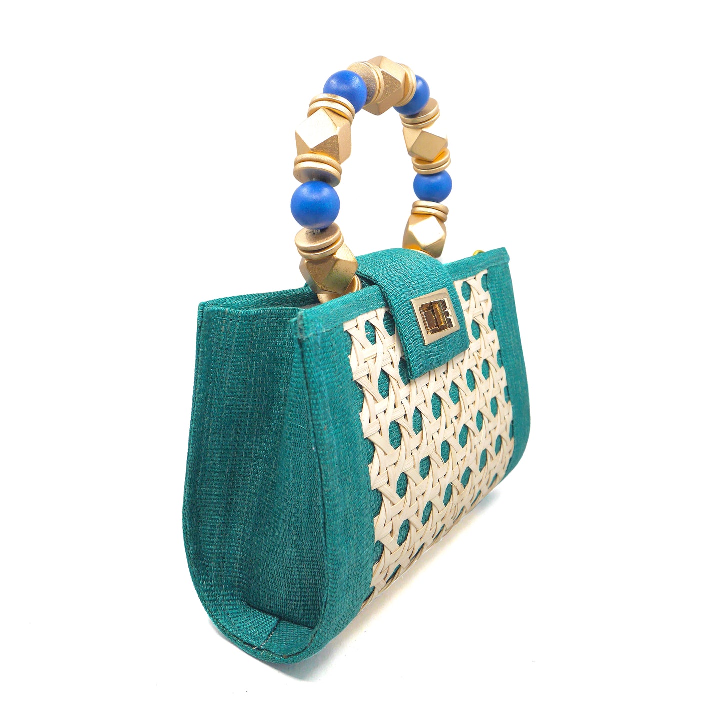 THE MILA Green, Blue & Gold Rattan Woven Handbag