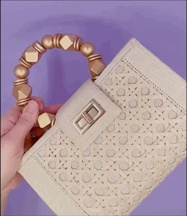 THE MILA Cream & Gold Rattan Woven Handbag