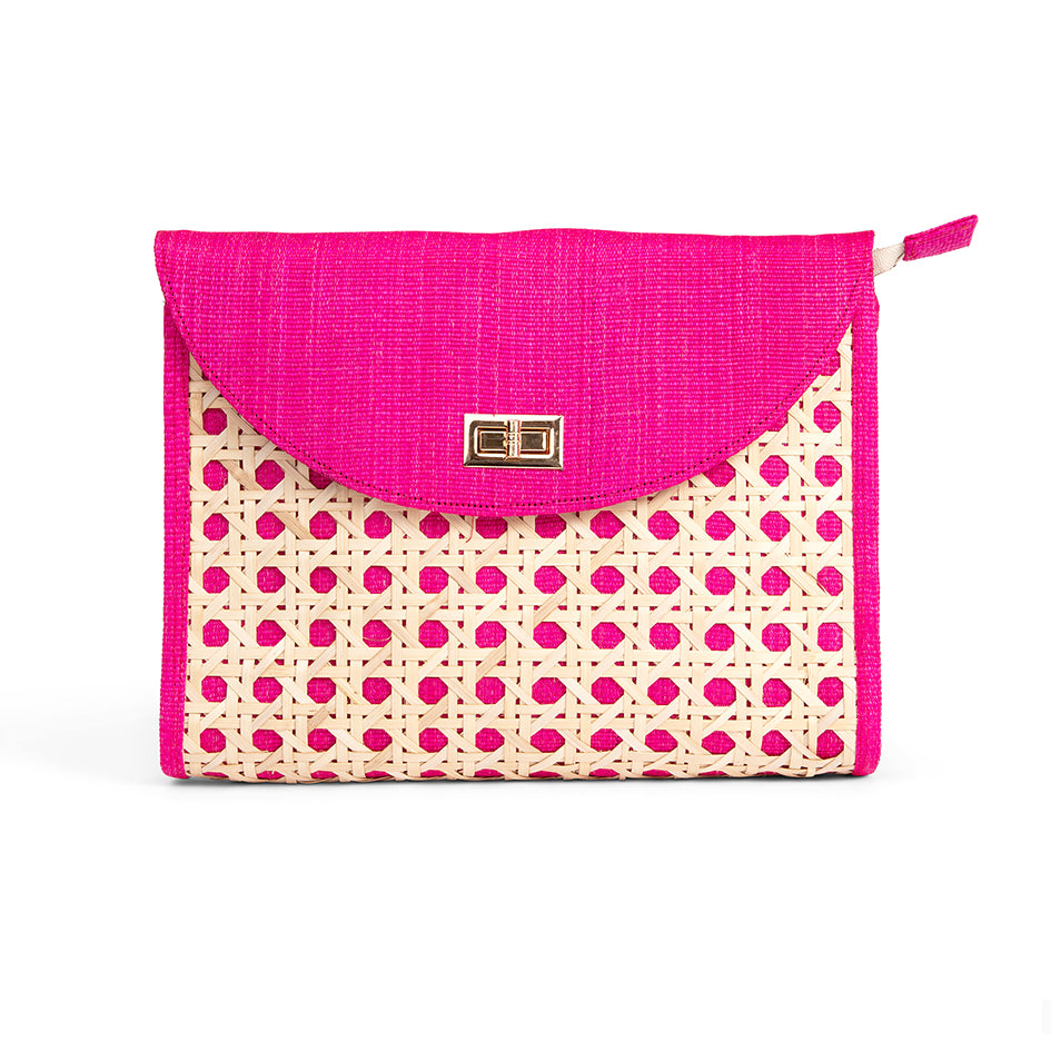 THE SOLEIL Pink Rattan Woven Clutch With Large Gold Chain