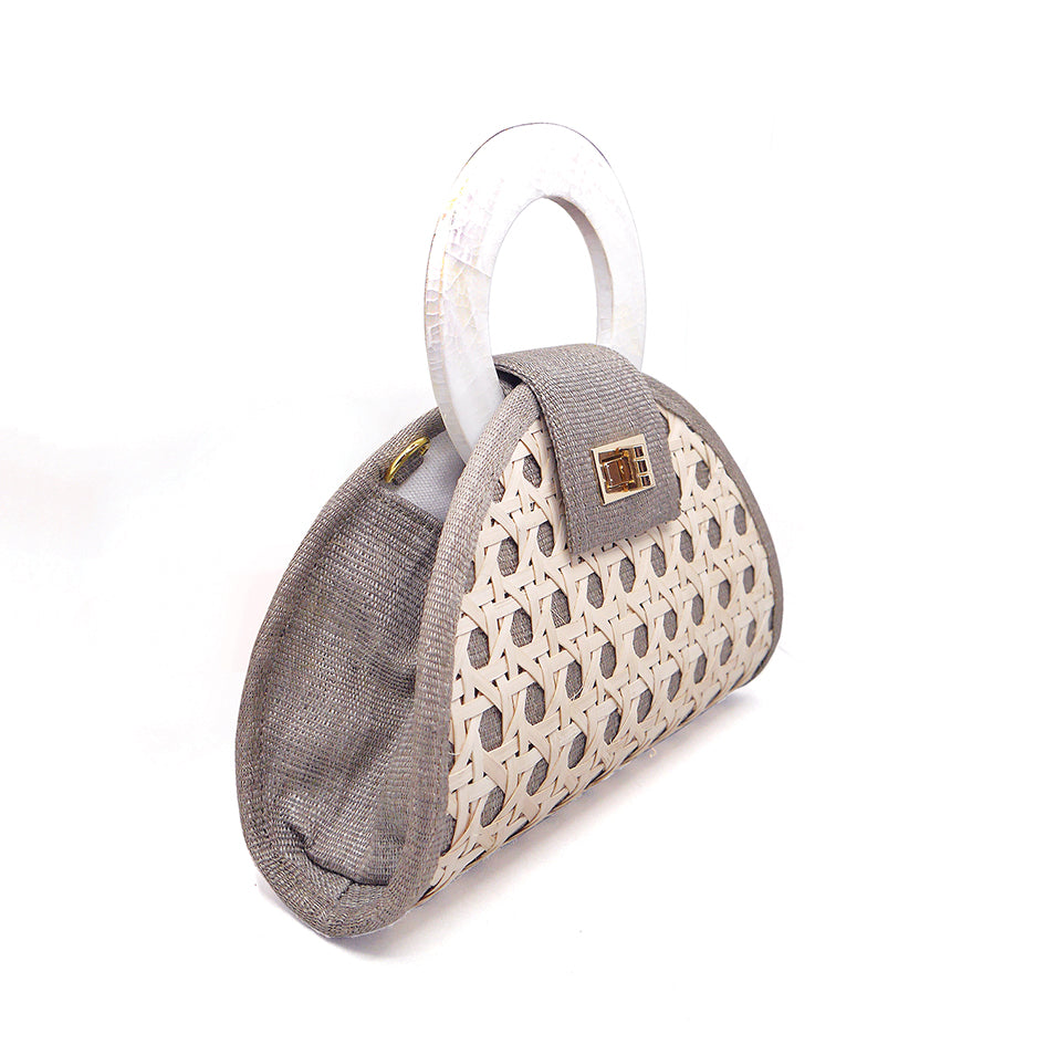 THE RUTHIE Grey & Mother Of Pearl Rattan Woven Handbag