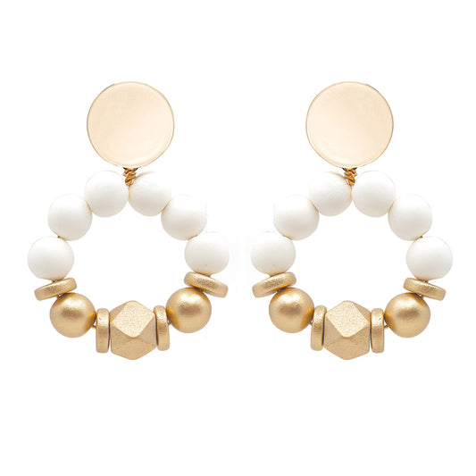 THE SASHA White & Gold Wooden Bead Statement Earrings